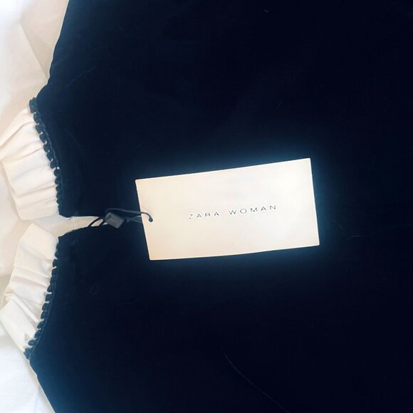 Zara Woman Black Velvet White Bib Ruffle with Jewel Buttons Cocktail Dress - Picture 8 of 10